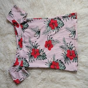 GUESS Tropical Floral Hibiscus Wide Neck Off Shoulder Cap Sleeve Top Pink